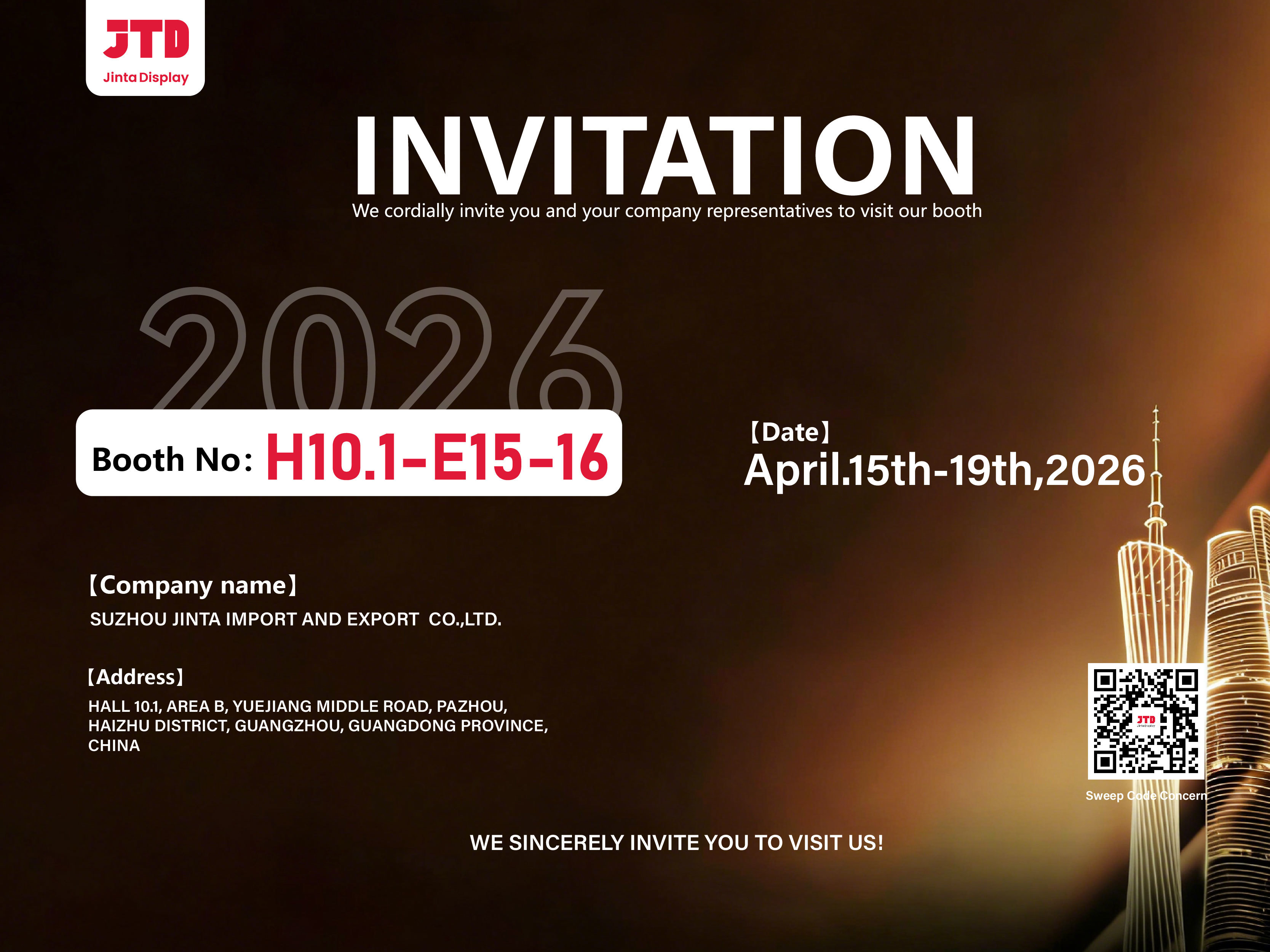 Najnowsze blogi firmy Suzhou Jinta Import & Export Co., Ltd. serdecznie zaprasza do odwiedzenia naszego stoiska na 139. Targach Kantońskich.